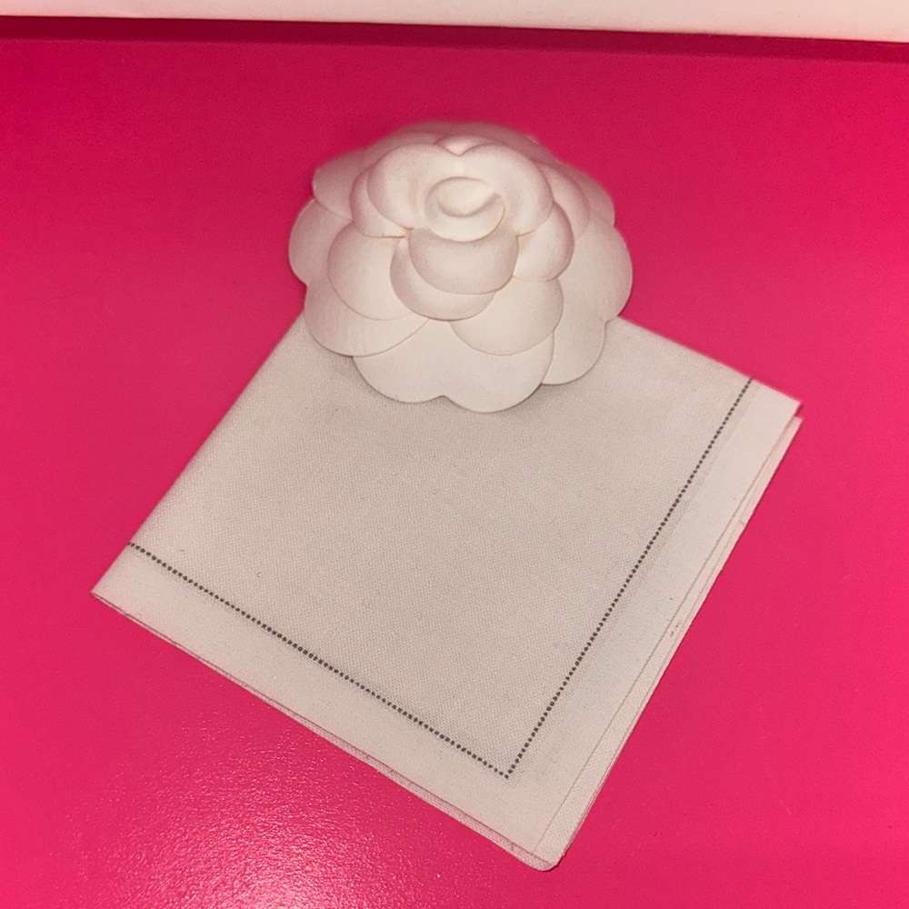 Authentic Chanel Floral sticker in 3D shape of Camelia flower and linen napkin